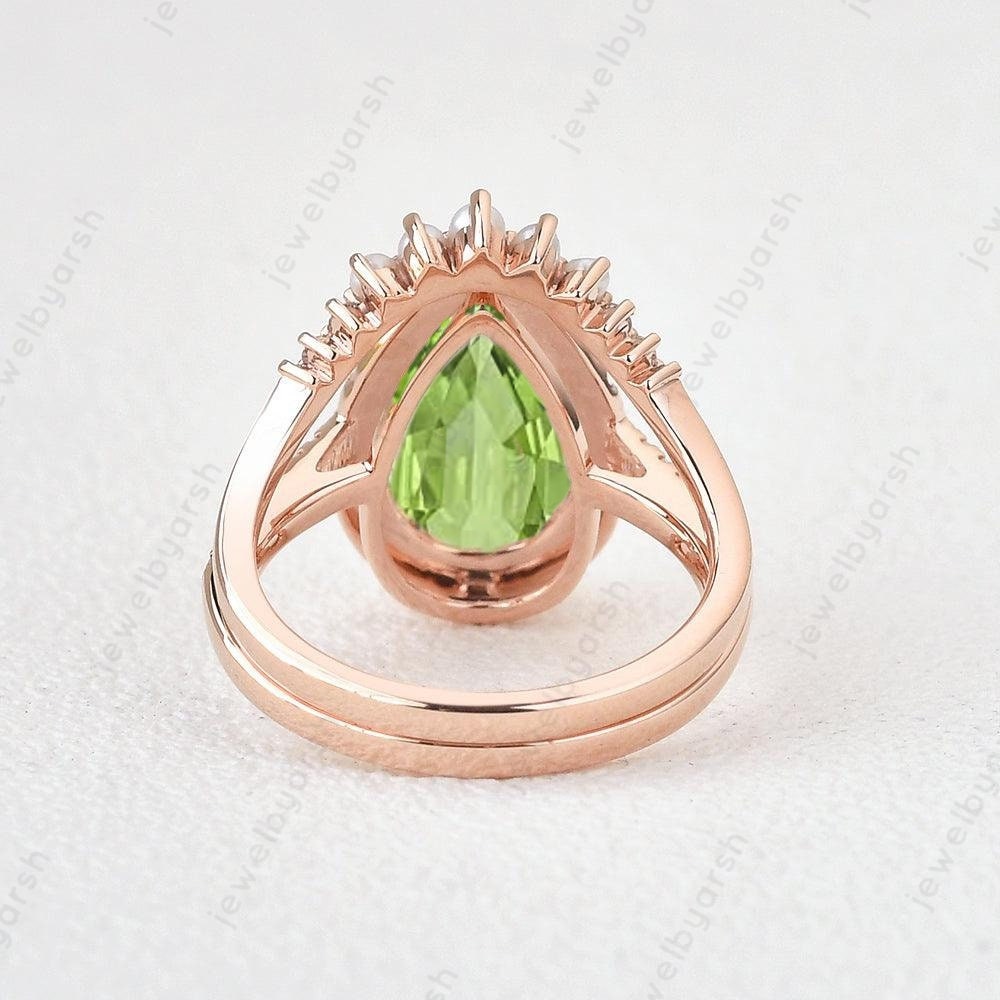 Pear Shape Green Peridot Gemstone Ring, August Birthstone Promise Ring, Yellow Gold Wedding Jewelry, Antique Solitaire Ring, Gift For Love
