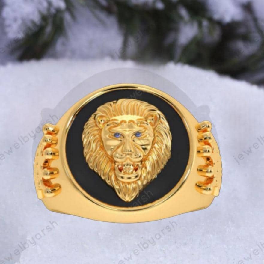 Labradorite Lion Ring, Yellow Gold Signet Ring, Custom Lion Ring, Round Blue Labradorite Gemstone Ring, Birthday Gift For Him