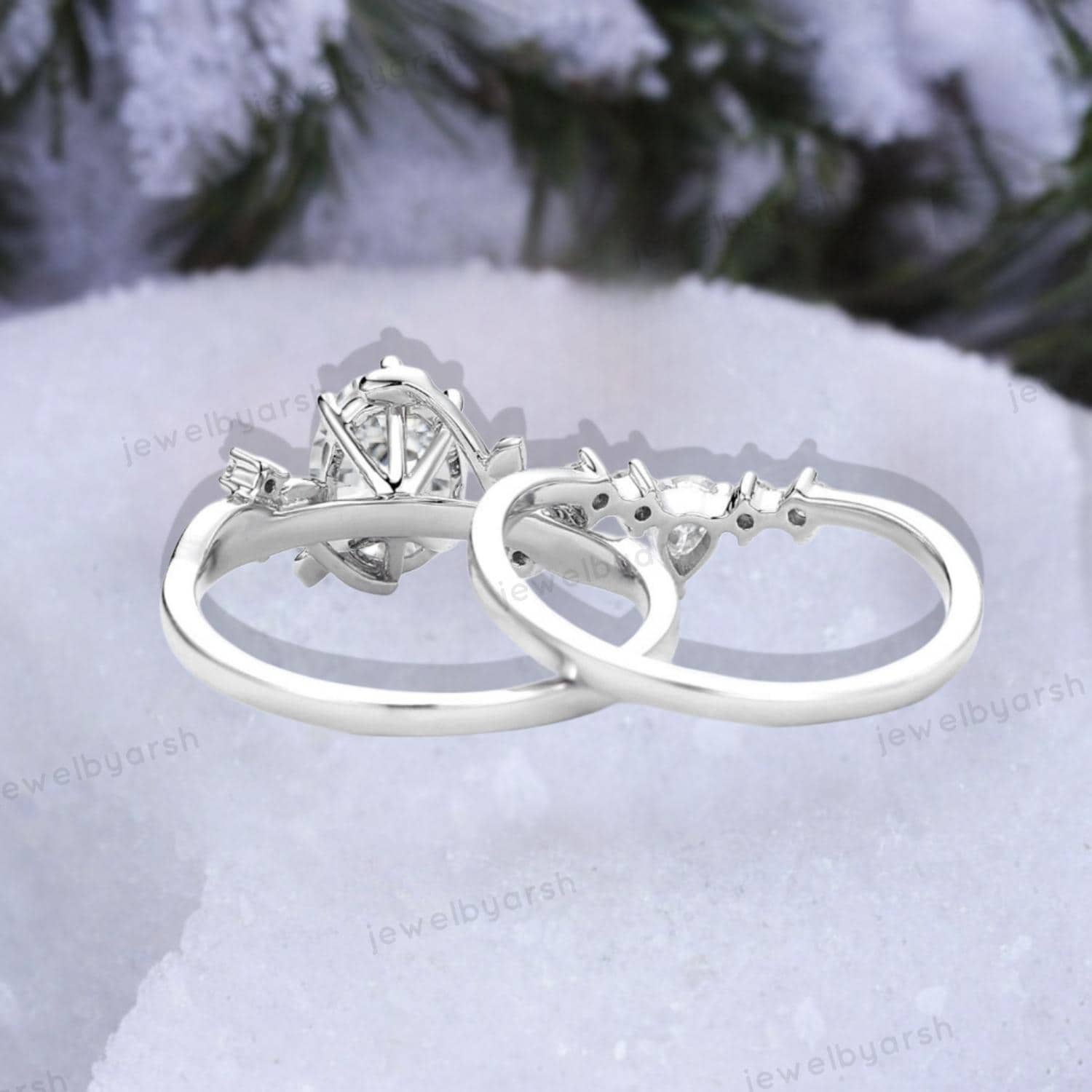 Oval Shape Moissanite Branch Ring Set: Tungsten Wedding Band