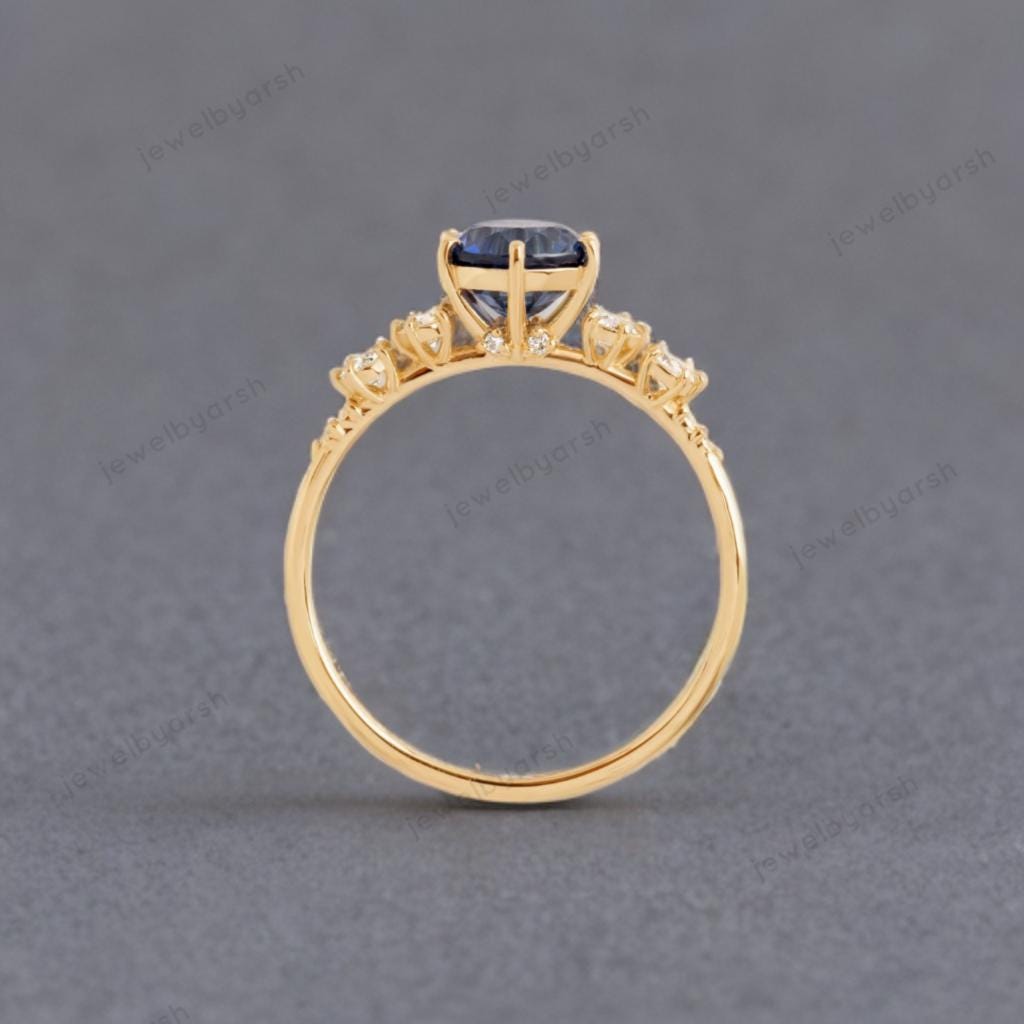 Blue Sapphire Ring, Yellow Gold Engagement Ring, Diamond Accent