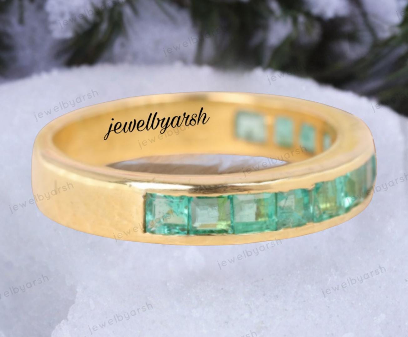 Vintage Yellow Gold Emerald Ring, Dainty Emerald Half Eternity Ring, Green Gem Stone Stone Ring, May Birthstone Ring, Valentine Gift For Her