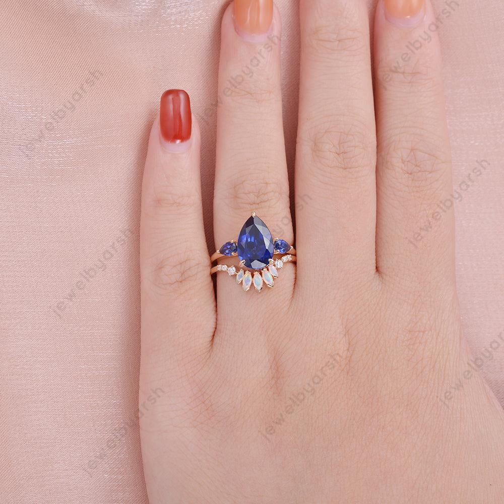Pear Blue Sapphire Engagement Ring Set, 8x12mm Lab Created Blue Sapphire, Opal & CZ Diamond, 925 Sterling Silver