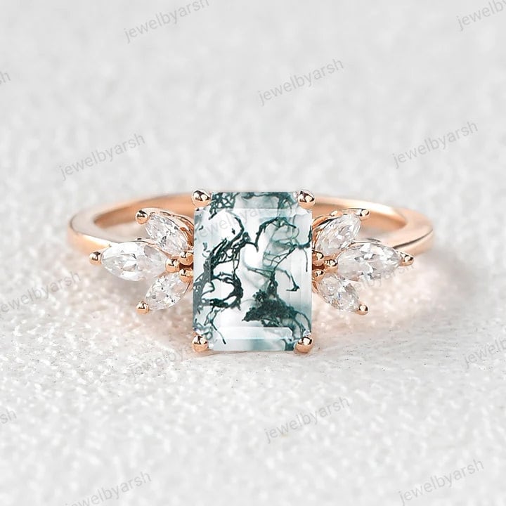Emerald Cut Moss Agate Engagement Ring, Green Moss Agate Ring, Moissanite Leaf Anniversary Ring, 925 Sterling Silver Gemstone Ring