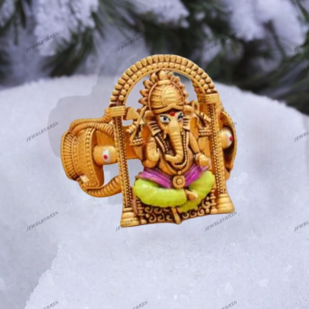 Lord Ganesha Ring, 14K Yellow Gold Micron Plated 925 Sterling Silver, Unisex Ganesha Jewelry For Men & Women