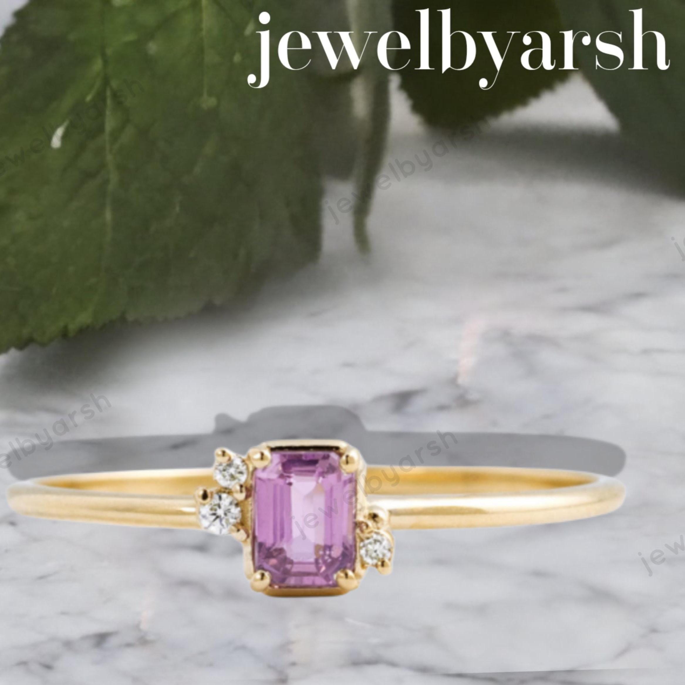 Pink Sapphire Emerald Cut Ring, Lab Created Pink Sapphire & CZ Ring, 925 Sterling Silver With Gold Micron Plating, September Birthstone