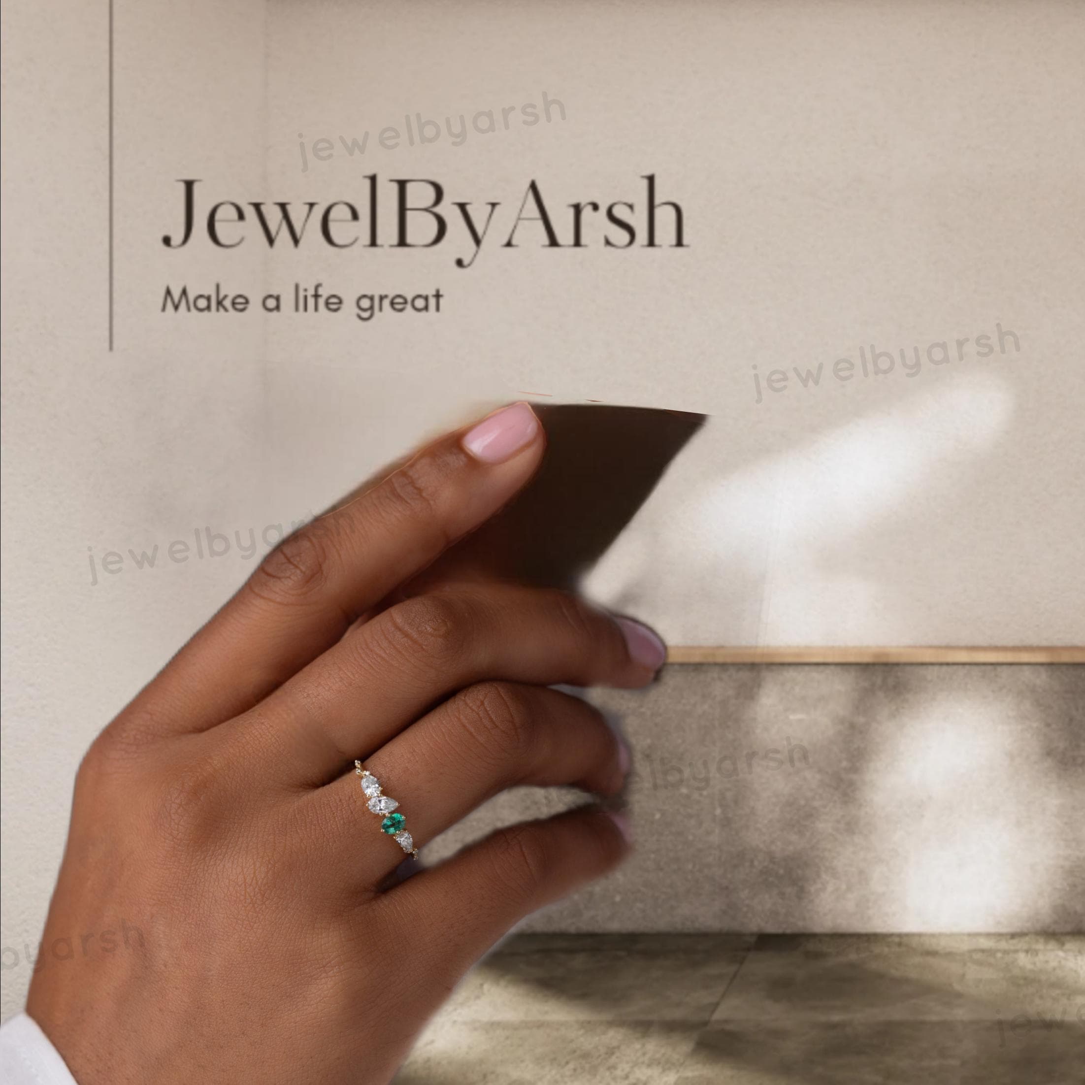 Moissanite & Emerald Ring, Pear Cut Moissanite Ring, Round Emerald Ring, 14K Yellow Gold Plated Ring, Dainty Engagement Ringgement Jewelry For Women