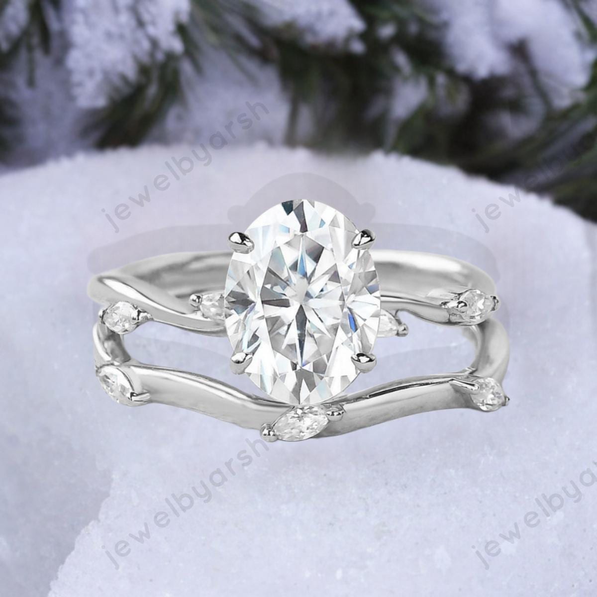 Moissanite Oval Cut Ring Set â€¢ Gold Diamond CZ Accent, Nature Theme