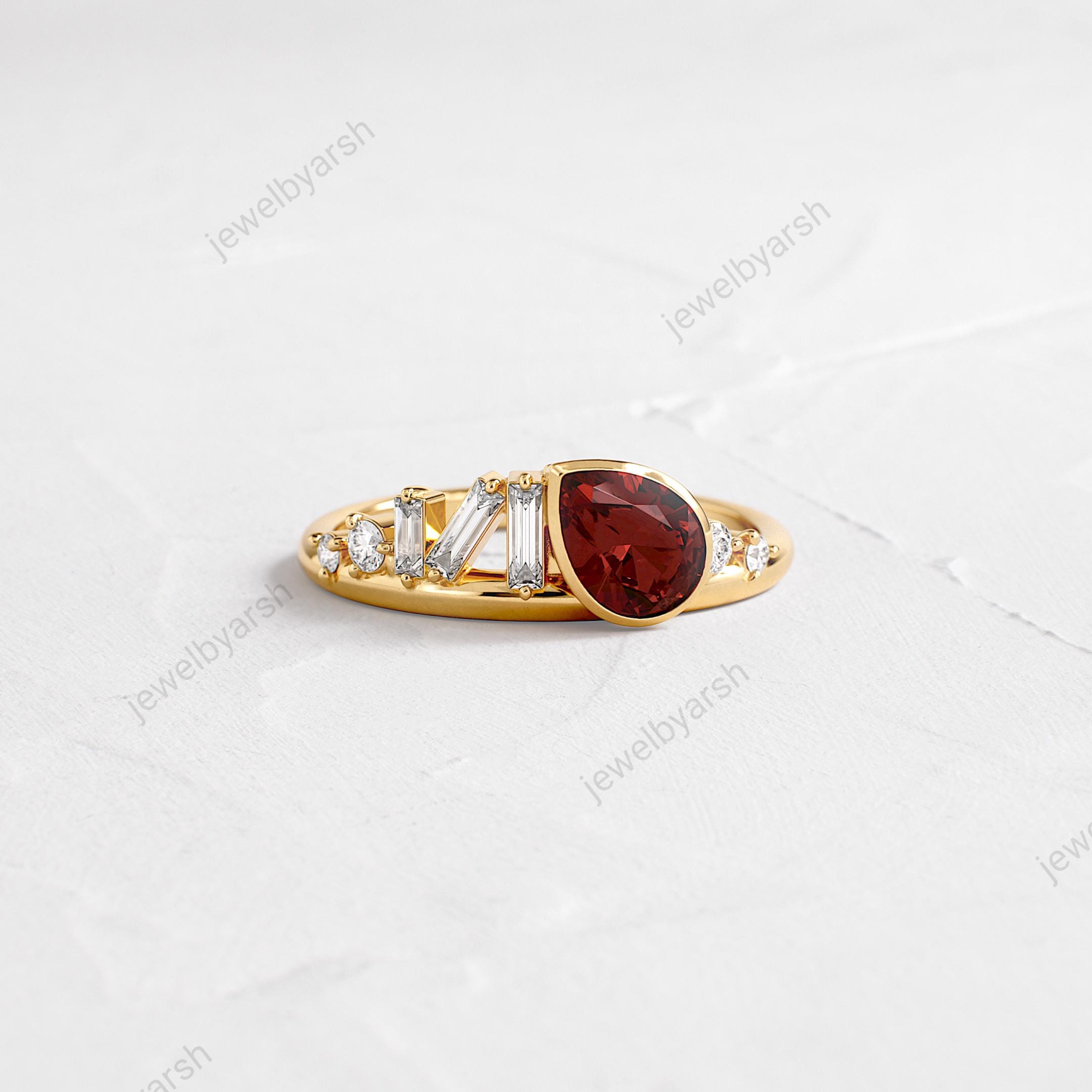 Pear Shape Red Garnet Wedding Ring, Round Cz Diamond Ring,  Rose Gold Bridal Ring , January  Birth Stone Ring  , Garnet Ring Gift For Her