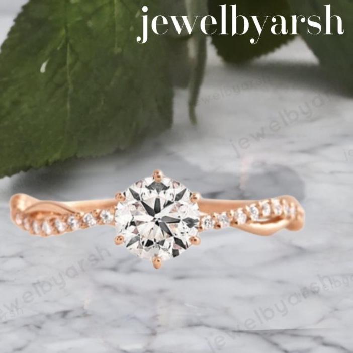 Round Moissanite Or Diamond Twisted Band Ring | Dainty Solitaire Engagement Ring | 14K Gold Or 925 Silver