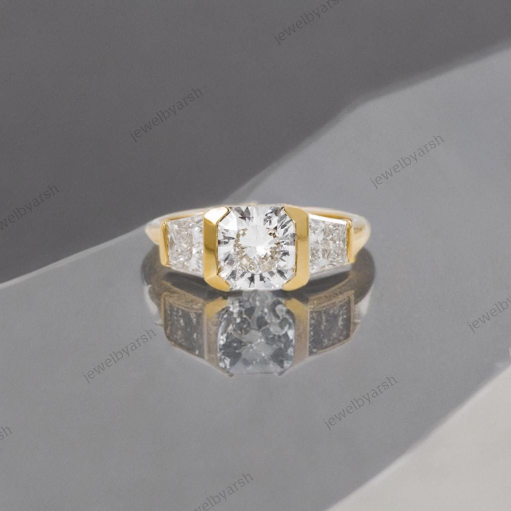 Three Stone Radiant Cut Moissanite Ring, Lab Created Pink Moissanite Trilogy Engagement Ring, 925 Sterling Silver Ring, 9K 14K 18K Options