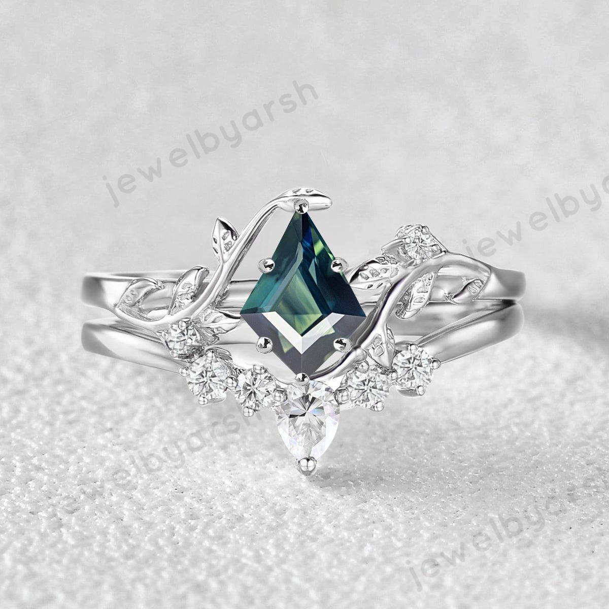 Kite Cut Green Sapphire Ring, Leaf Inspired Engagement Ring, Green Sapphire Bridal Jewelry, Moissanite & CZ Diamond Ring