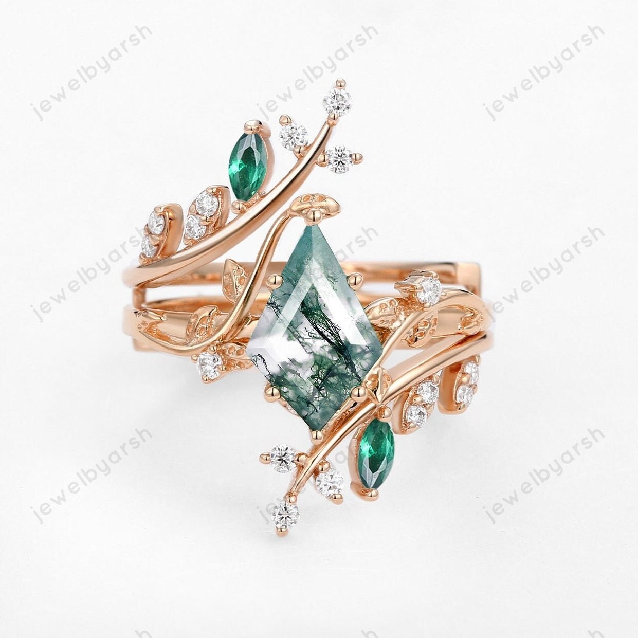 Kite Cut Moss Agate Engagement Ring: Gold Emerald Leafy Anniversary Ring Set