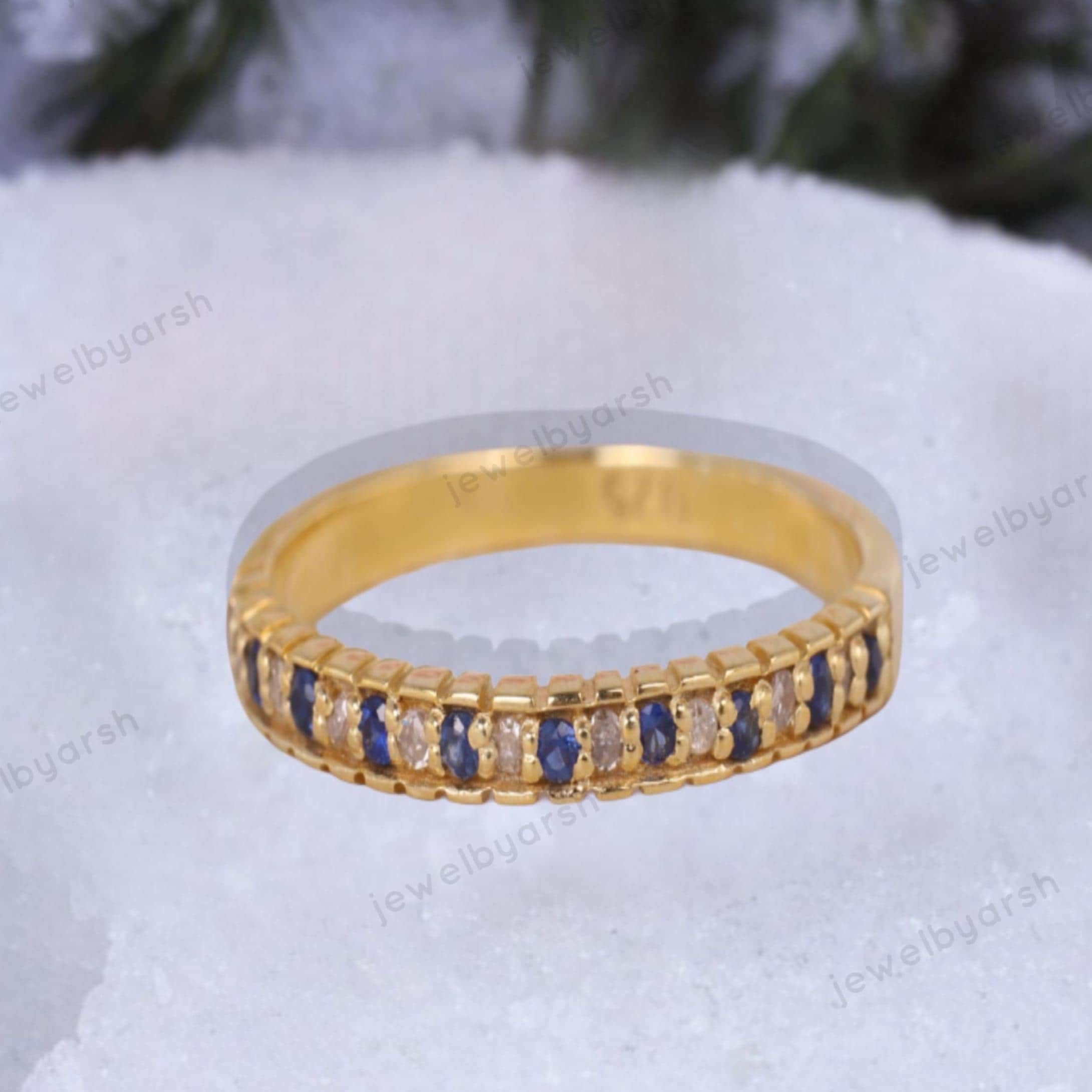 Art Deco Sapphire Half Eternity Ring, Blue Sapphire & CZ Diamond Ring, Round Sapphire Wedding Band, 925 Sterling Silver Ring