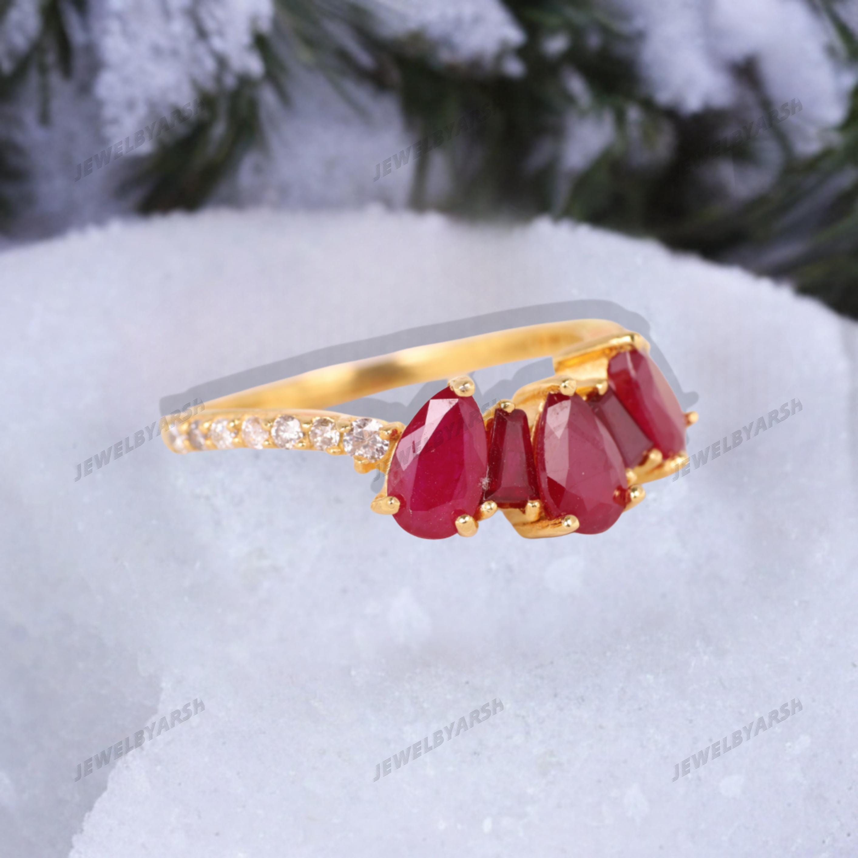 Pear Shape Ruby Ring, Red Lab Created Ruby & CZ Ring, 14K Yellow Gold Micron Plated 925 Sterling Silver, July Birthstone