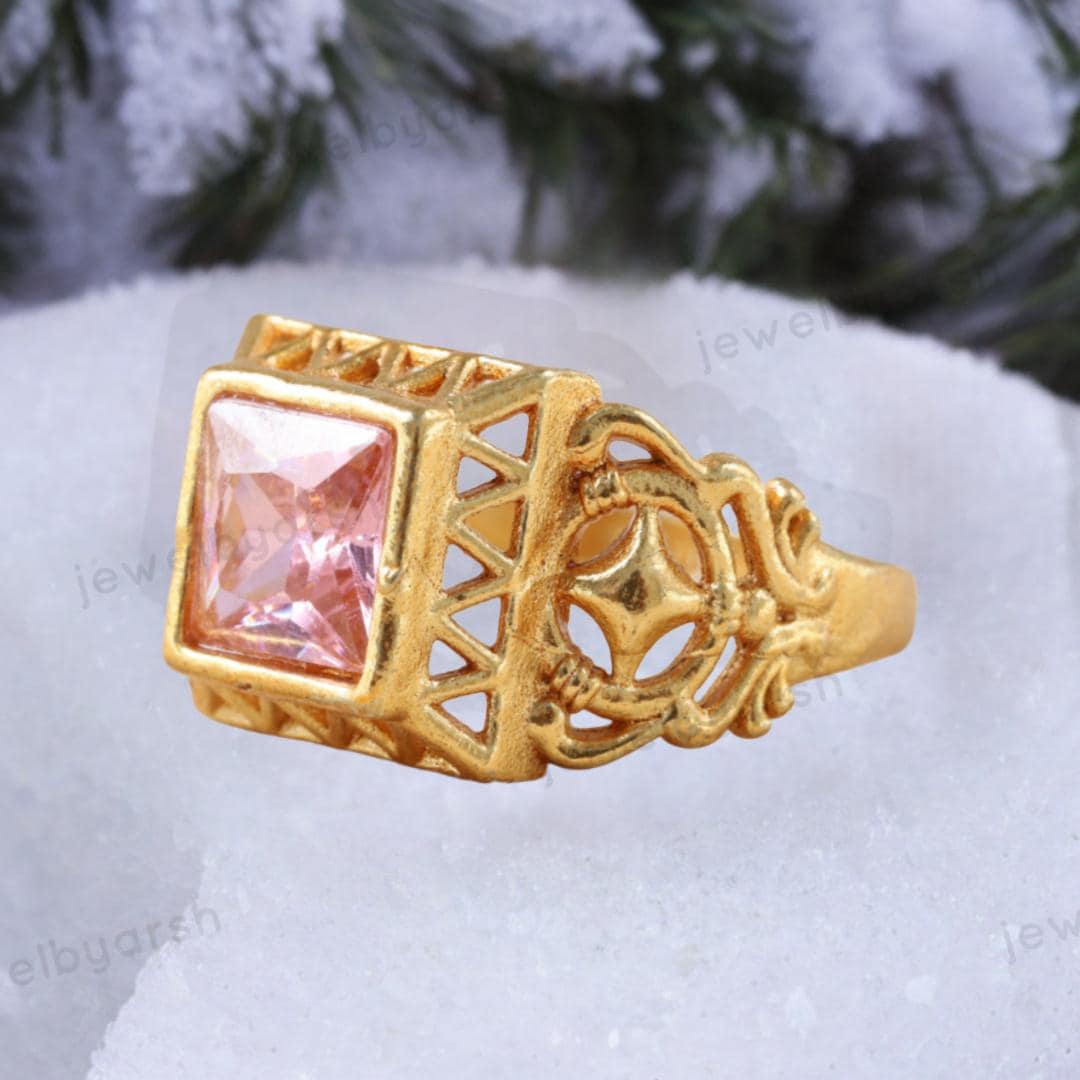 Vintage Peach Morganite Ring: Square Gemstone, Gold Jewelry, Signet Ring, Men's Ring, Birthday Gift For Love