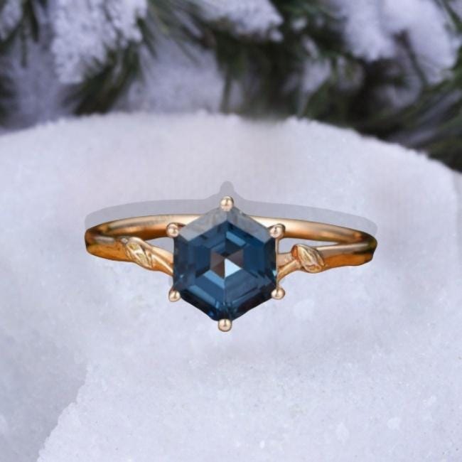 Hexagon Blue Topaz Ring, Lab Created Blue Topaz, October Birthstone, Gold Micron Plated 925 Sterling Silver Art Deco Ring