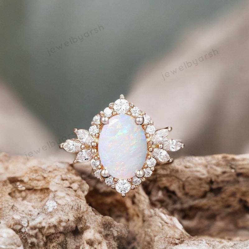Unique Opal Anniversary Ring , 14K Rose Gold  Engagement Ring, October Birthstone Ring, Diamond Ring, Art Deco Ring, Unique Gift For Her