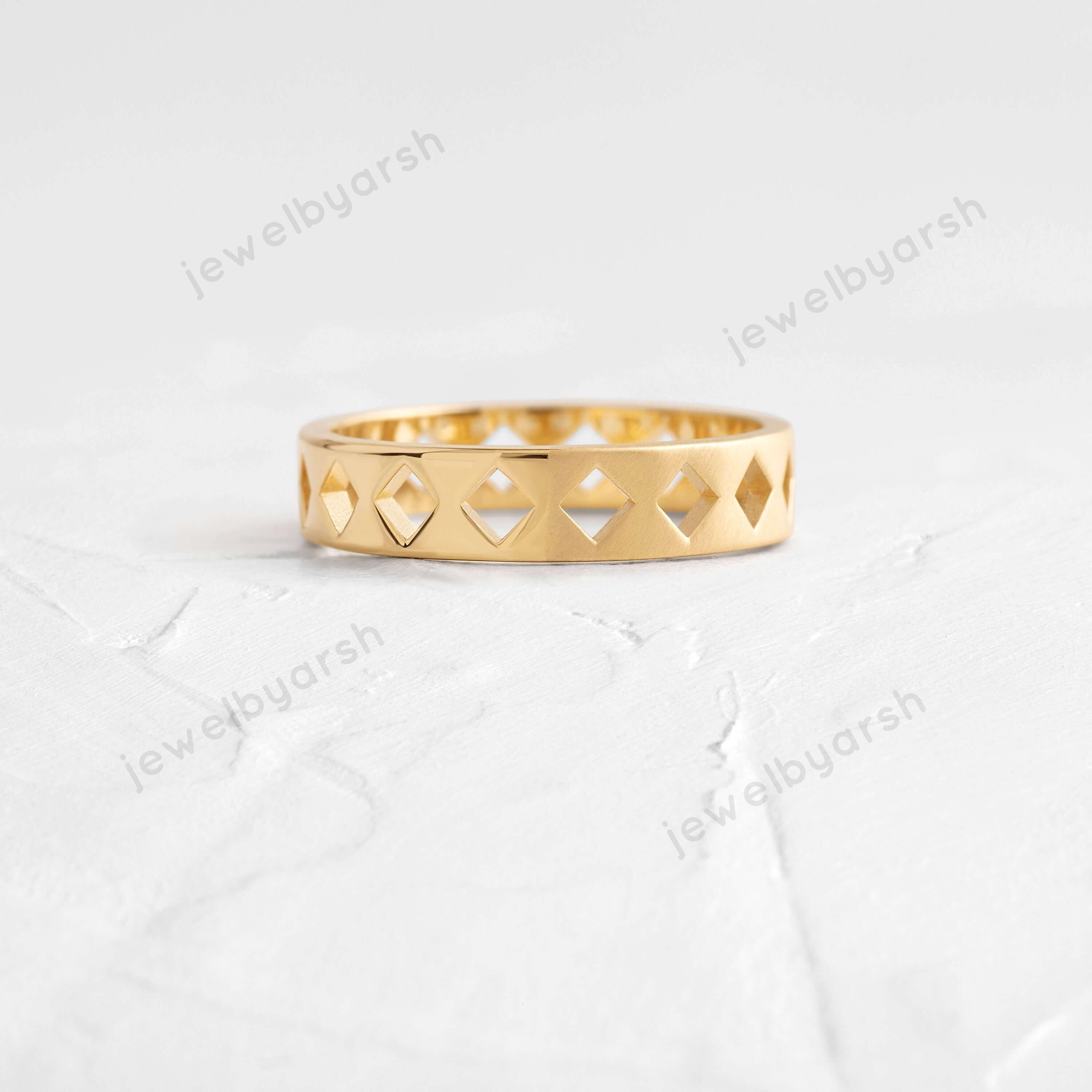 Gold Geometric Cutout Ring, Minimalist Hollow Band, 14K Yellow Gold Micron Plated 925 Sterling Silver, Stackable Ring