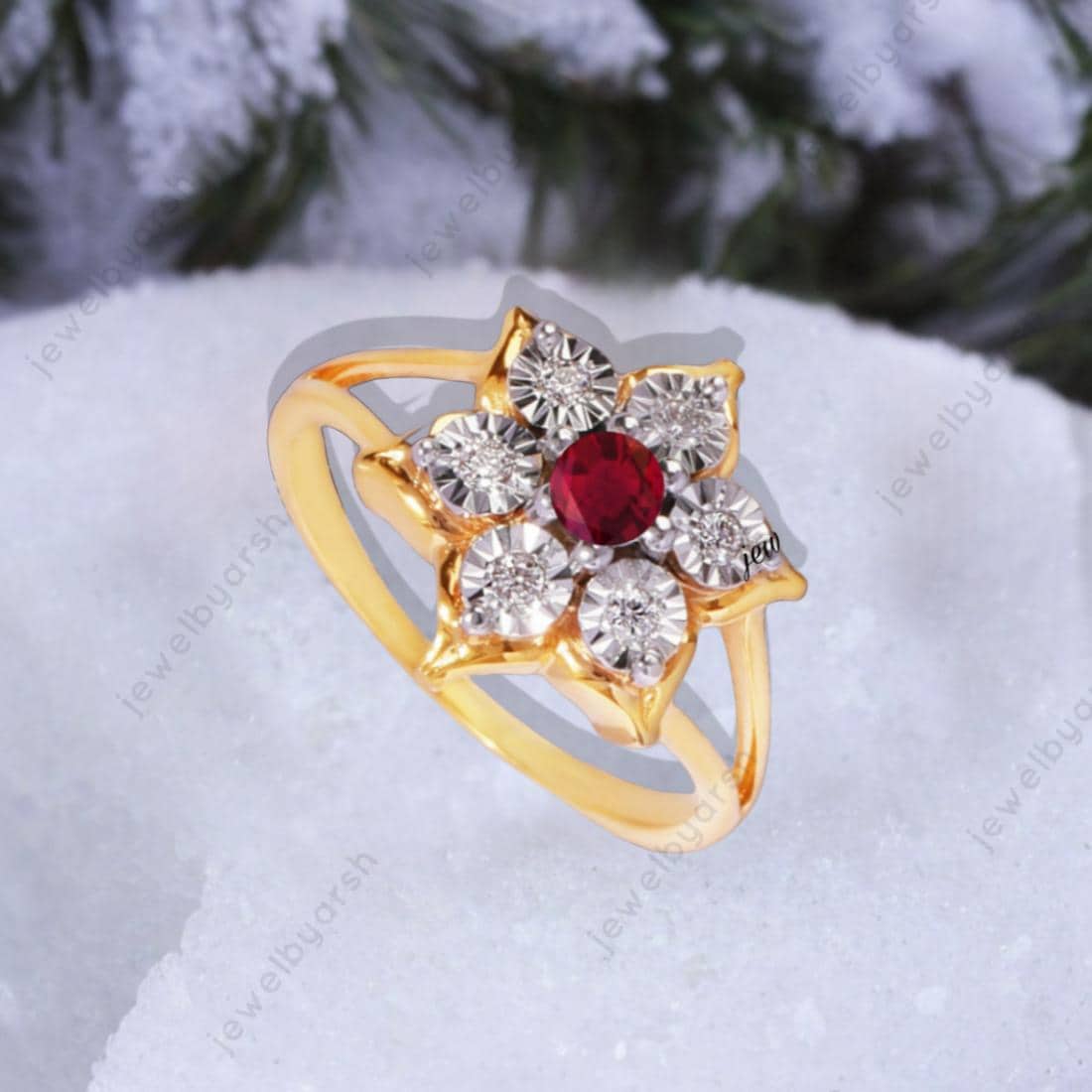 Sunflower Ruby Engagement Ring, Floral Halo Ring, Red Ruby Bridal Jewelry, July Birthstone Ring