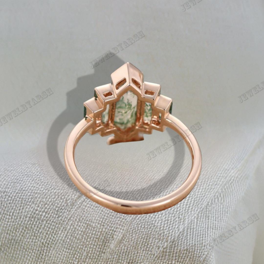 Vintage Moss Agate Engagement Ring: Art Deco Baguette Hexagon Ring