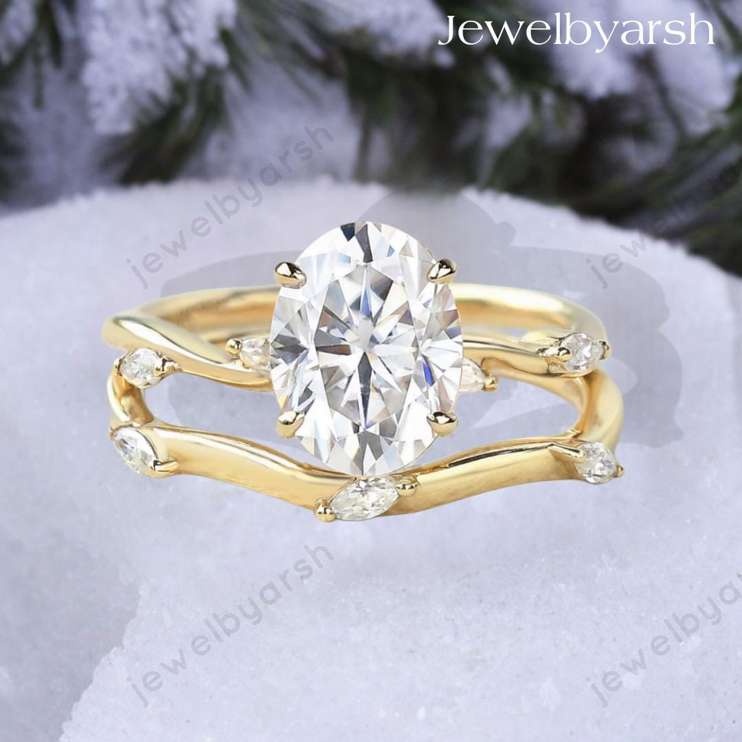 Moissanite Oval Cut Ring Set â€¢ Gold Diamond CZ Accent, Nature Theme