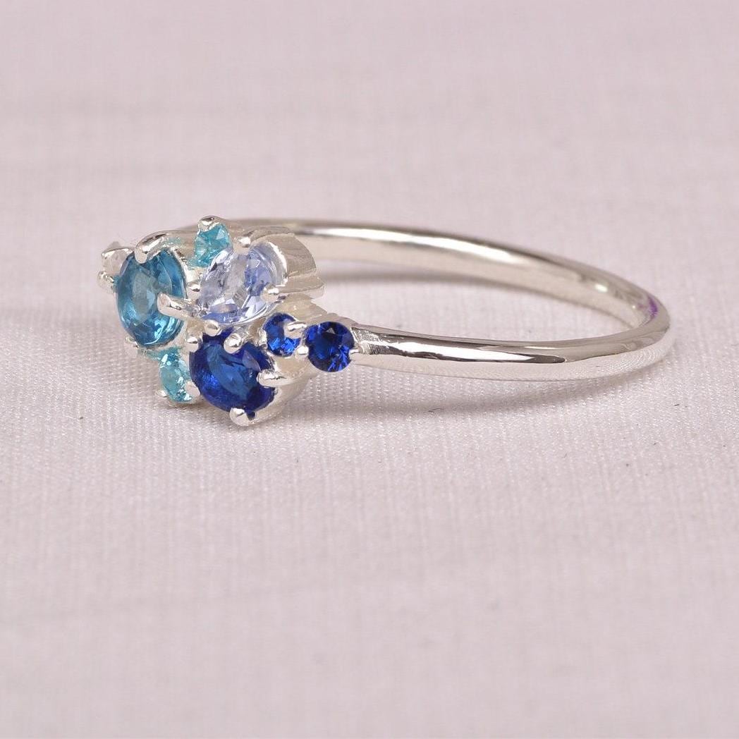 Tanzanite Lab Alexandrite And Teal Sapphire Cluster Ring, Hand Made Cluster Wedding Ring, Aquamarine Bridal Wedding Ring,  Multi Stones Ring