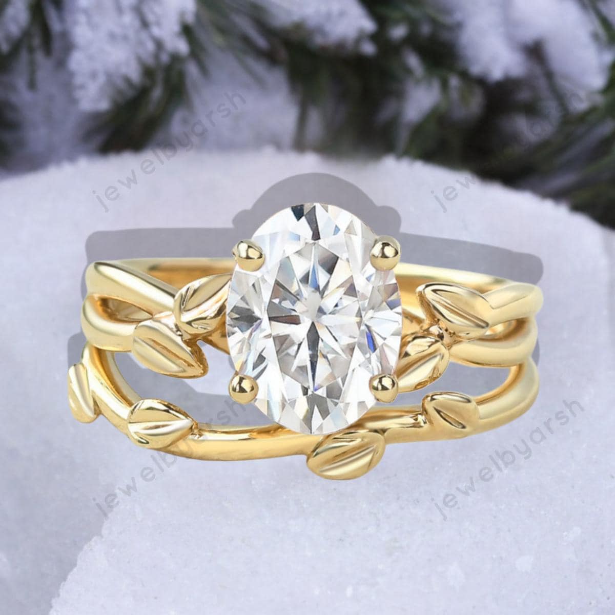 Moissanite Oval Cut Ring Set â€¢ Gold Diamond CZ Accent, Nature Theme