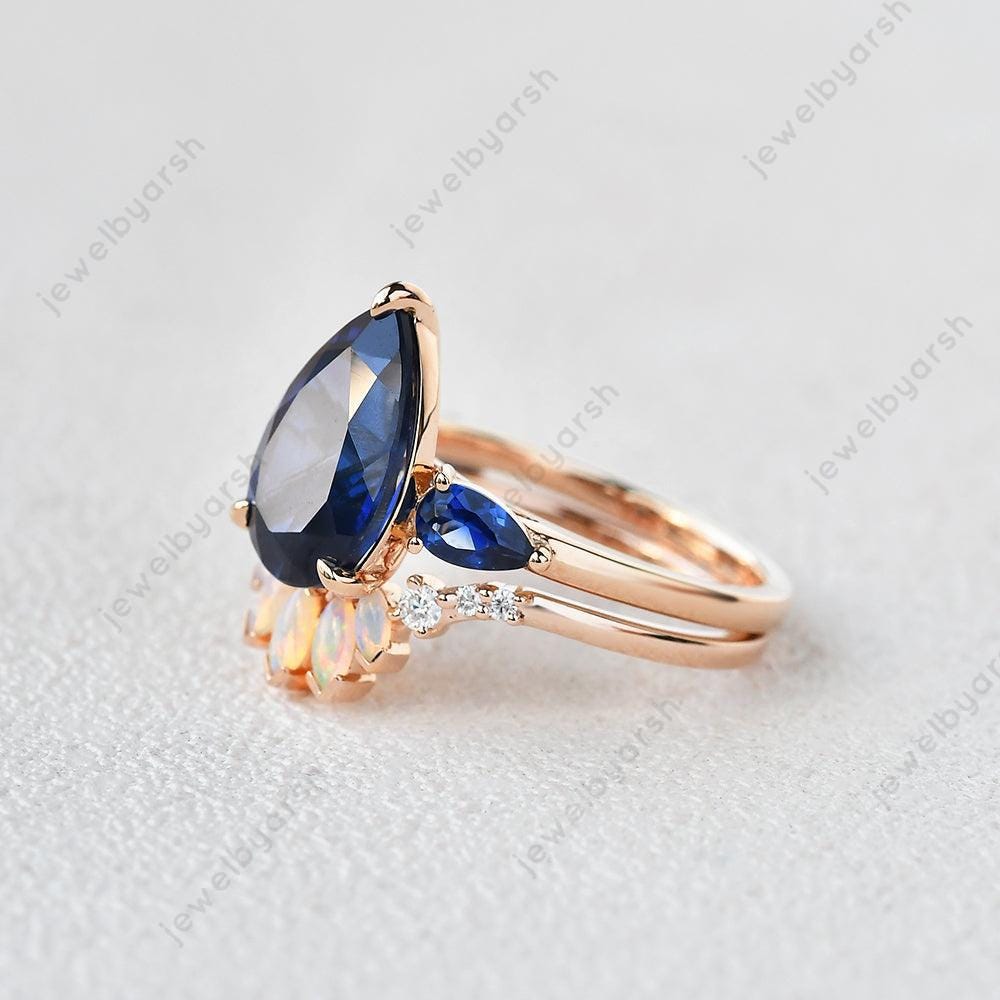 Pear Blue Sapphire Engagement Ring Set, 8x12mm Lab Created Blue Sapphire, Opal & CZ Diamond, 925 Sterling Silver