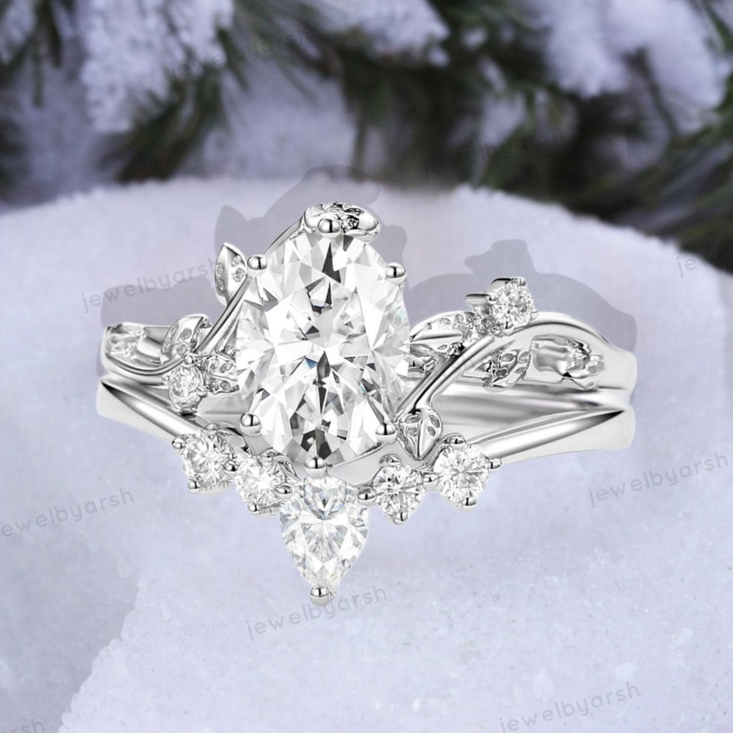 Oval Shape Moissanite Branch Ring Set: Tungsten Wedding Band