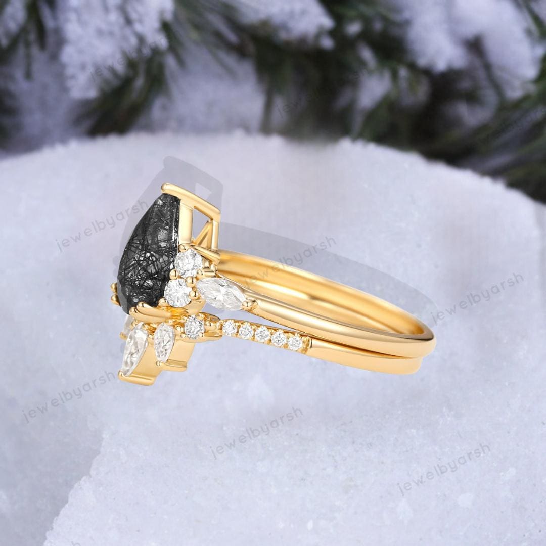 Pear Black Rutile Ring Set In Rose Gold Plated 925 Sterling Silver, Vintage Engagement Ring