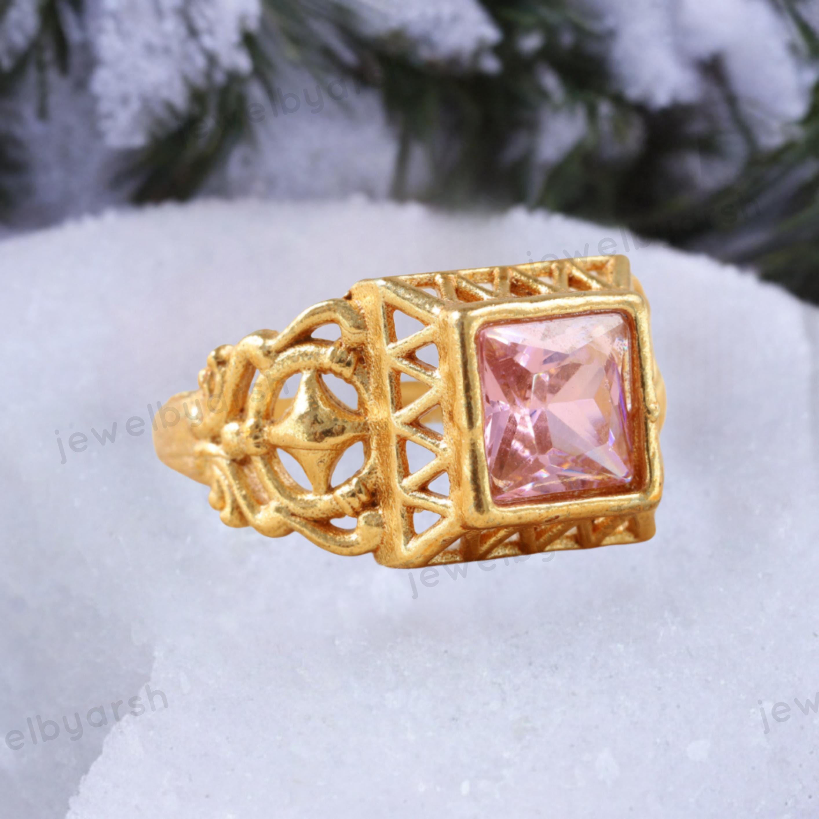 Vintage Peach Morganite Ring: Square Gemstone, Gold Jewelry, Signet Ring, Men's Ring, Birthday Gift For Love