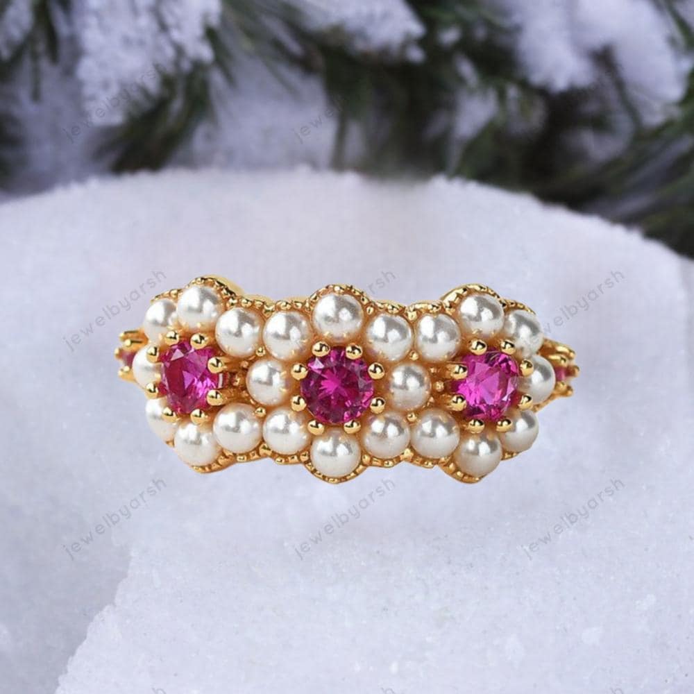 Red Ruby Ring, Halo Pearl Ring, July Birthstone Jewelry