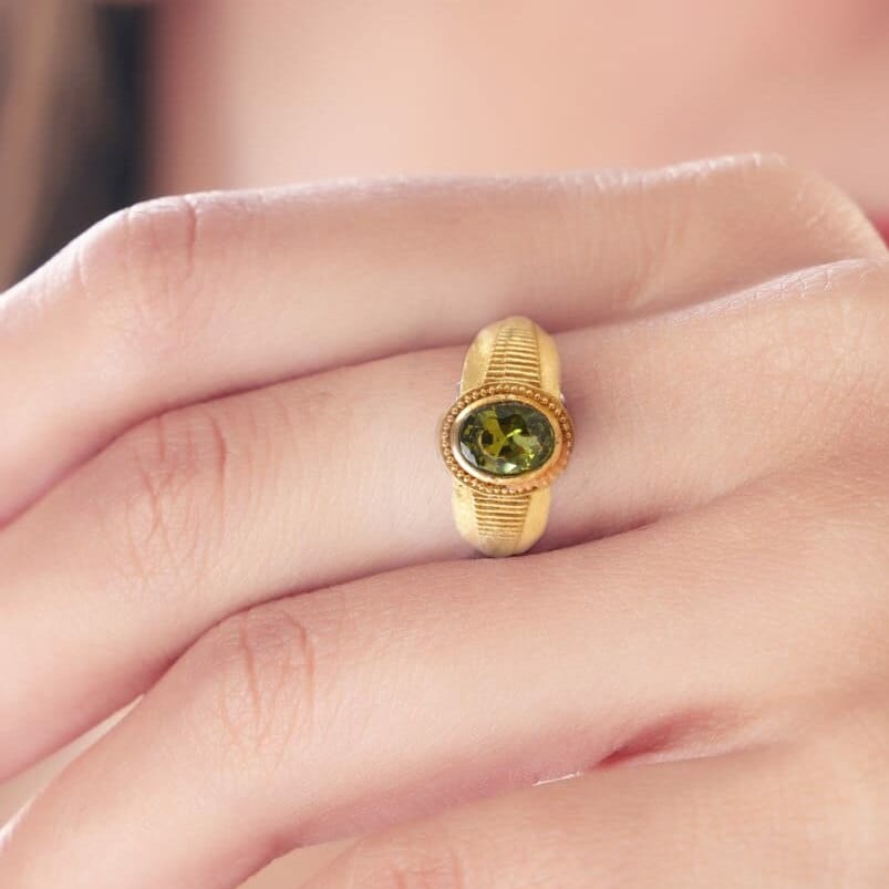 Oval Shape Green Peridot Gemstone Signet Ring, Men Women Engraved Ring, August Birthstone Ring, Birthday Gift For Father
