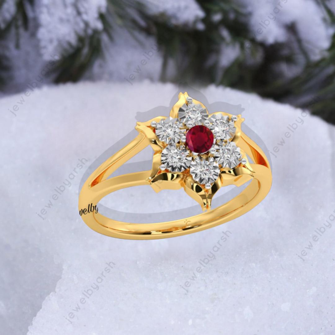 Sunflower Ruby Engagement Ring, Floral Halo Ring, Red Ruby Bridal Jewelry, July Birthstone Ring