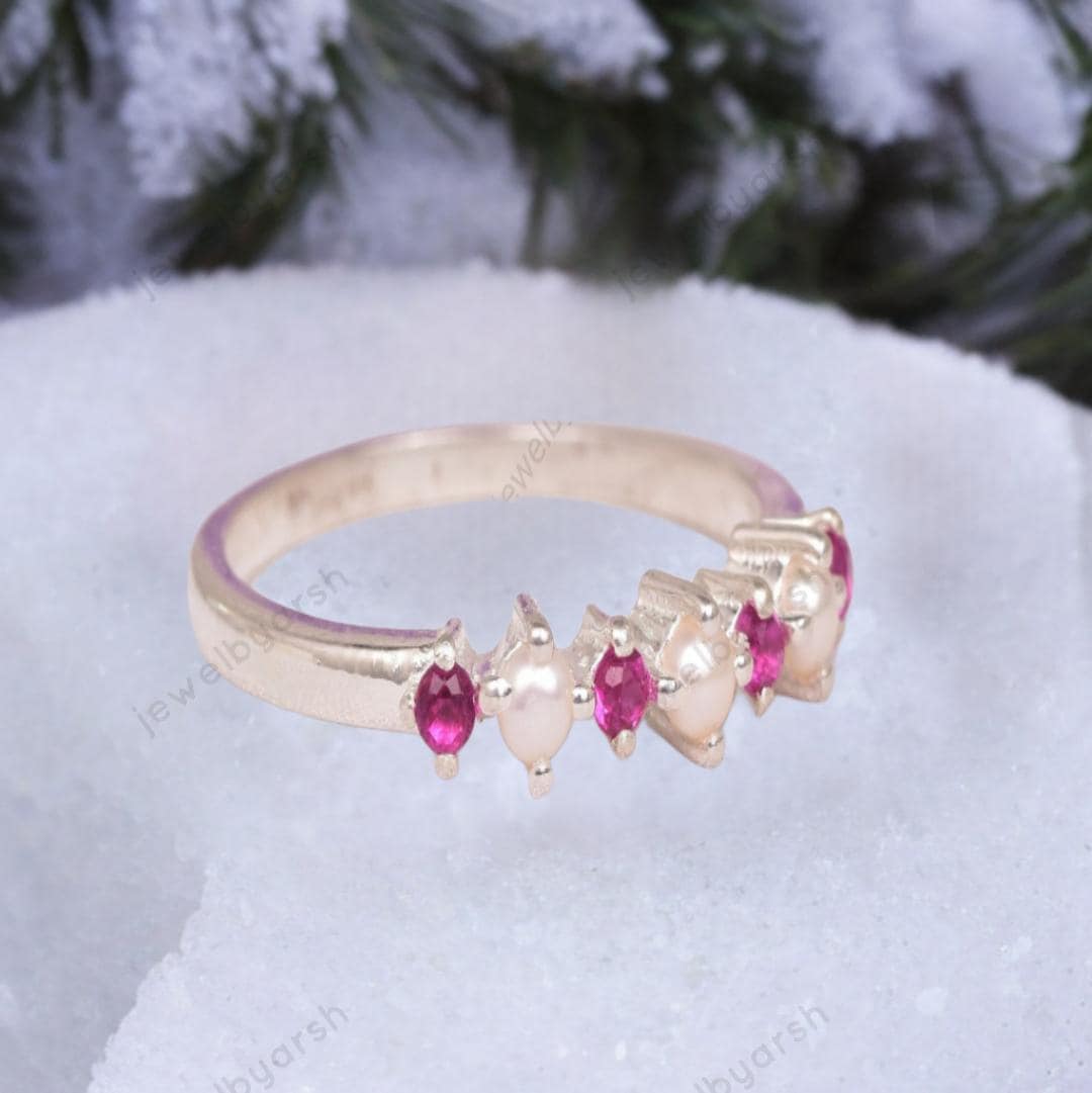 Pearl And Ruby Wedding Ring, 925 Sterling Silver Dainty Stacking Ring