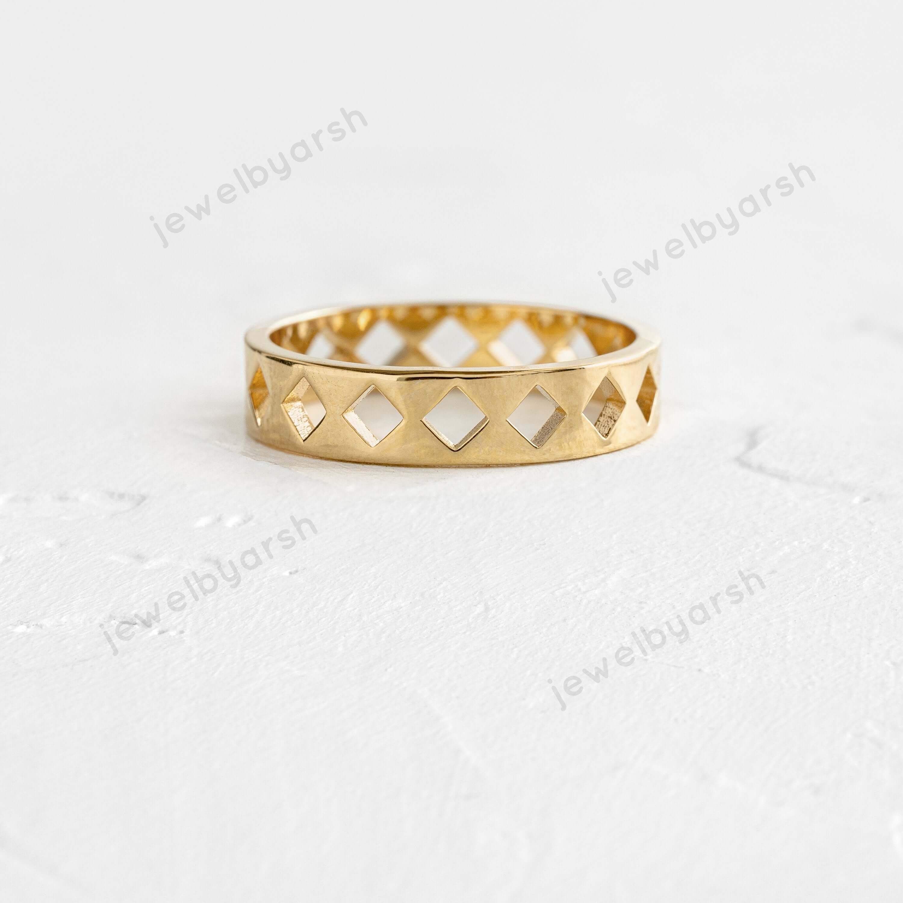 Gold Geometric Cutout Ring, Minimalist Hollow Band, 14K Yellow Gold Micron Plated 925 Sterling Silver, Stackable Ring
