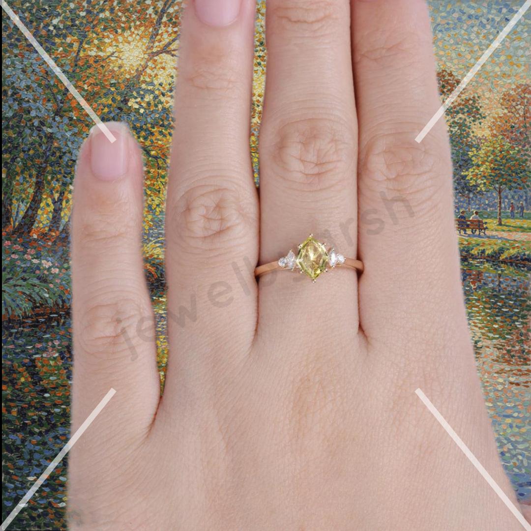 Oval Yellow Citrine Ring With Lab Grown Marquise Moissanite Side Stones | Minimal Citrine Gold Or Silver Ring