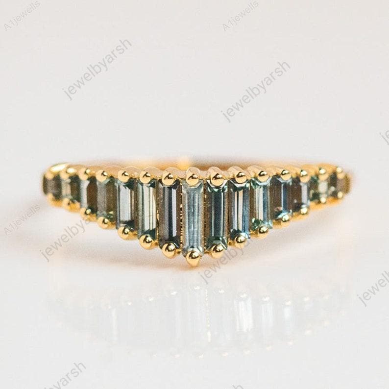 Baguette Aquamarine Wedding Ring, Blue Lab Created Gemstone Ring, 14K Yellow Gold Plated Ring, March Birthstone Engagement Ring