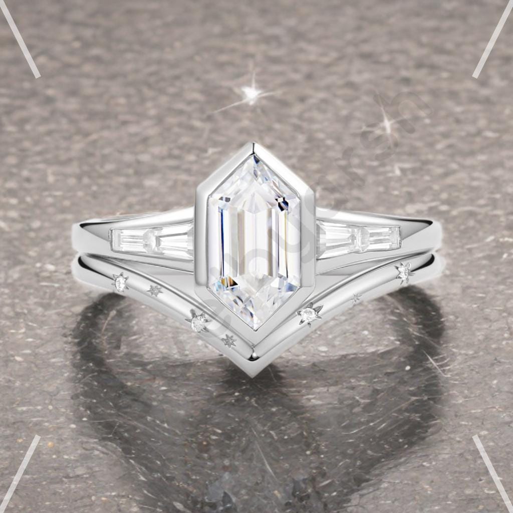 Art Deco Hexagon Moissanite Ring Set, 14K Gold Star Design Band, Bezel Moissanite Wedding Ring Set