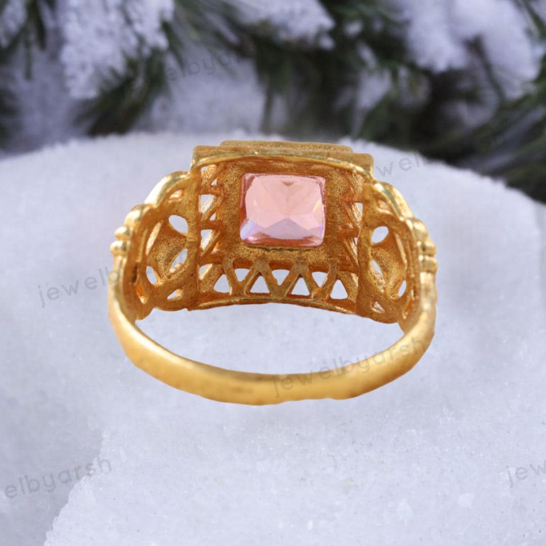 Vintage Peach Morganite Ring: Square Gemstone, Gold Jewelry, Signet Ring, Men's Ring, Birthday Gift For Love