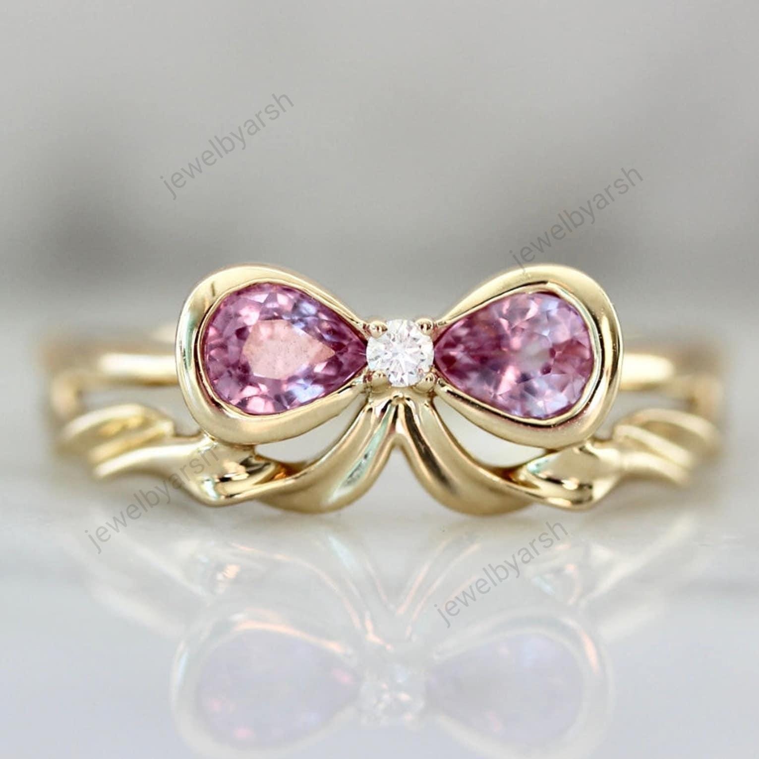 Pink Sapphire Bow Ring, Handmade Sterling Silver Ring, 14K Gold Pink Sapphire Ring, CZ Diamond Accent Band, September Birthstone Gift