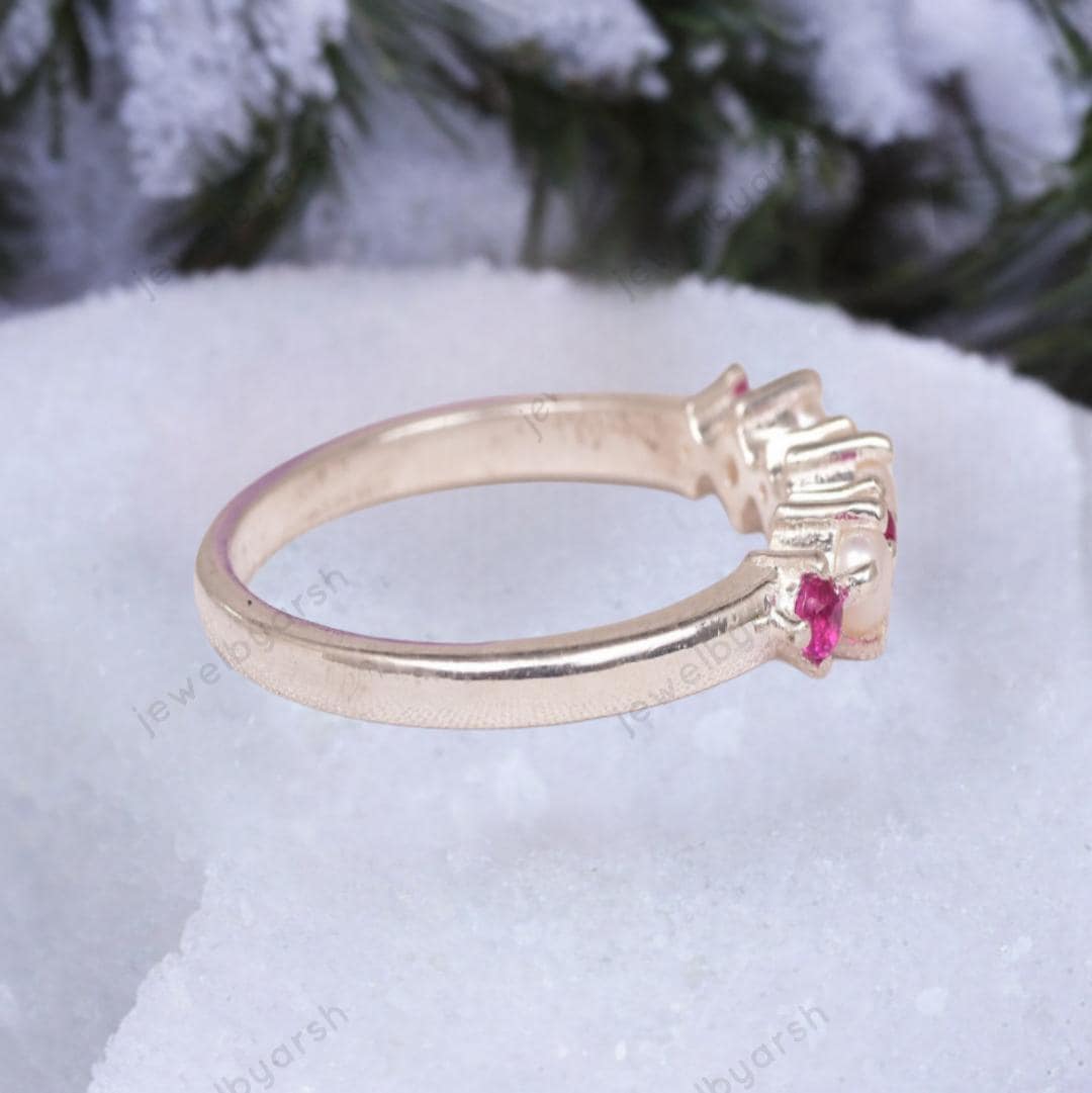 Pearl And Ruby Wedding Ring, 925 Sterling Silver Dainty Stacking Ring
