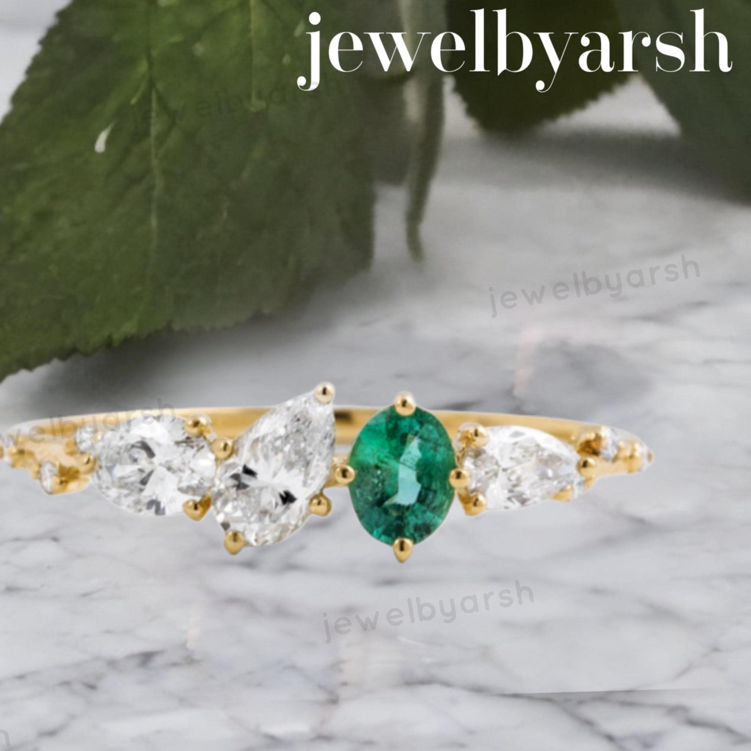Moissanite & Emerald Ring, Pear Cut Moissanite Ring, Round Emerald Ring, 14K Yellow Gold Plated Ring, Dainty Engagement Ringgement Jewelry For Women