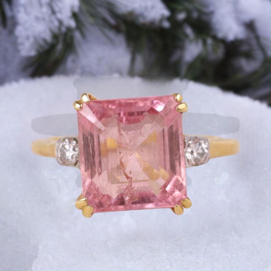 Rose Quartz Engagement Ring, Three Stone Radiant Cut Pink Rose Quartz Ring, 14K Yellow Gold Micron Plated 925 Sterling Silver