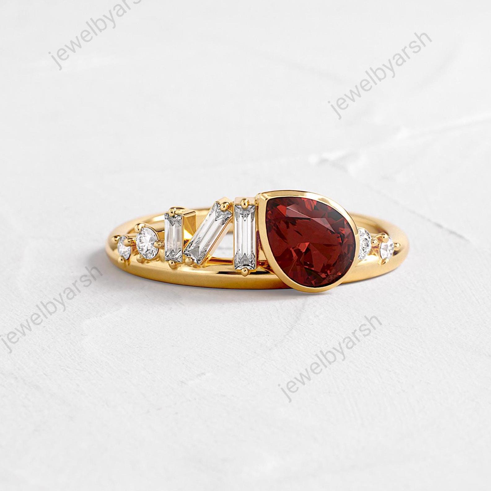 Pear Shape Red Garnet Wedding Ring, Round Cz Diamond Ring,  Rose Gold Bridal Ring , January  Birth Stone Ring  , Garnet Ring Gift For Her