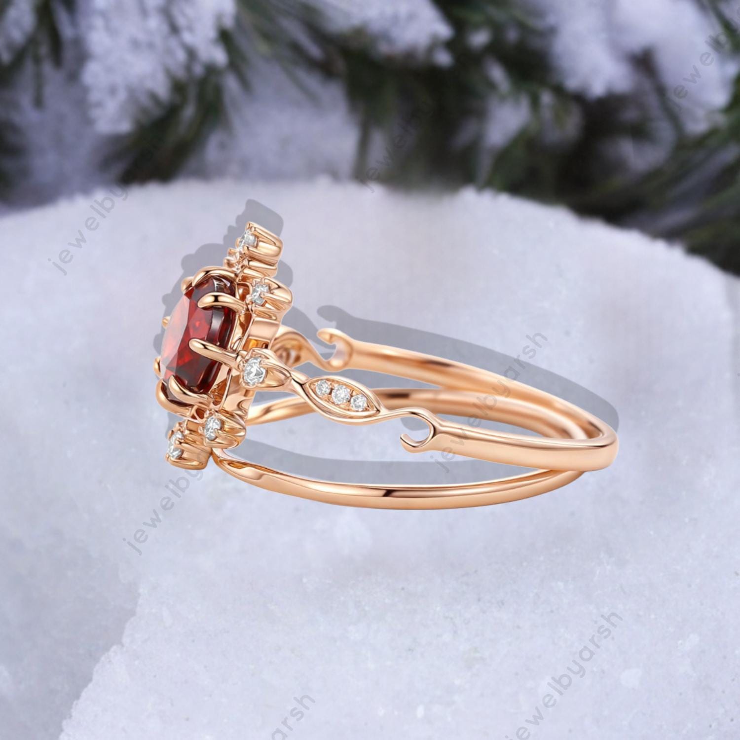 Halo Garnet Engagement Ring: Art Deco Diamond Bridal Ring