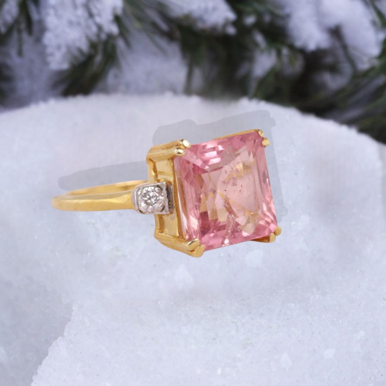 Rose Quartz Engagement Ring, Three Stone Radiant Cut Pink Rose Quartz Ring, 14K Yellow Gold Micron Plated 925 Sterling Silver