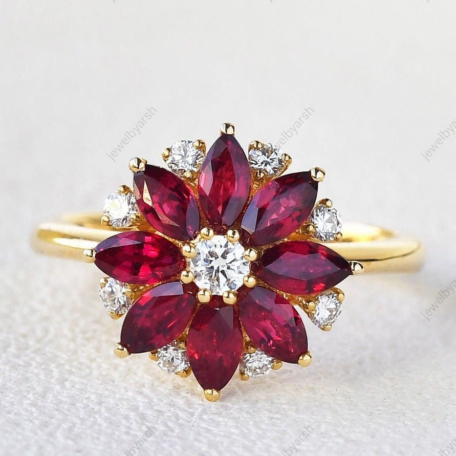 Floral Ruby Ring, Lab Created Ruby & Moissanite 925 Sterling Silver July Birthstone