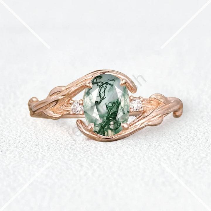 Moss Agate & CZ Diamonds Ring, Princess Cut Moss Agate Promise Ring, Art Deco Engagement  Ring, Stone Ring, Diamond Ring, Women Amazing Gift