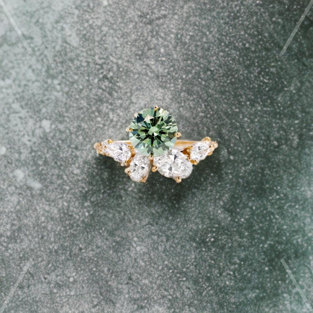 Green Peridot Ring, August Birthstone Ring, Pear Cut Peridot Solitaire, Oval Moissanite Accent Ring, 925 Sterling Silver Jewelry